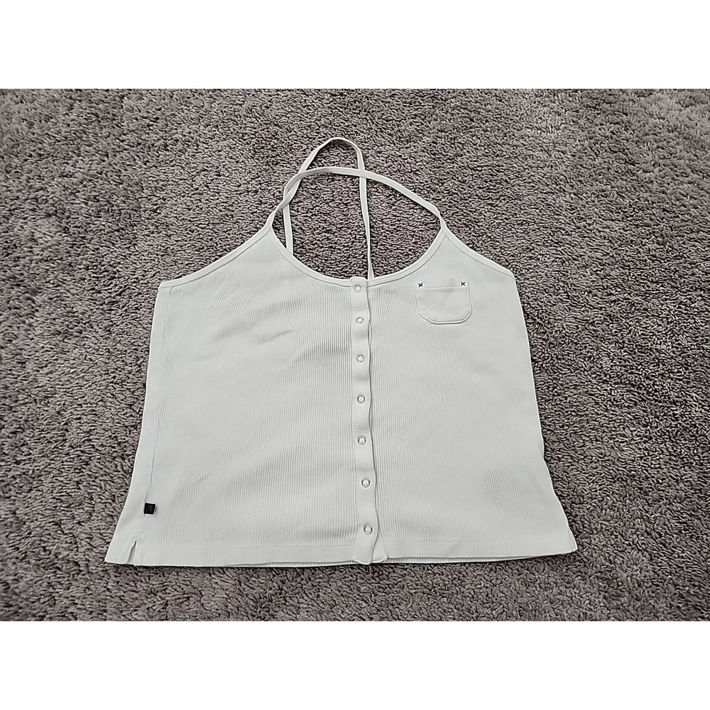 Ralph Lauren Halter Tank Top Womens L White Good Ribbed Snap Front Crop 90s Y2k